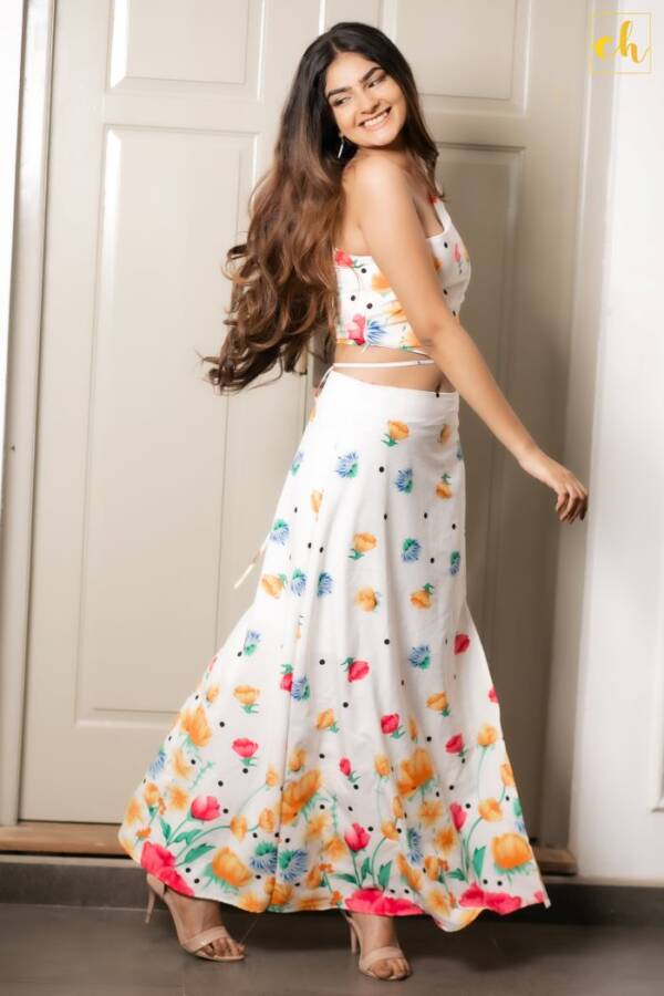 CH058 - Summer Print long maxi skirt with tied up crop top - Image 3